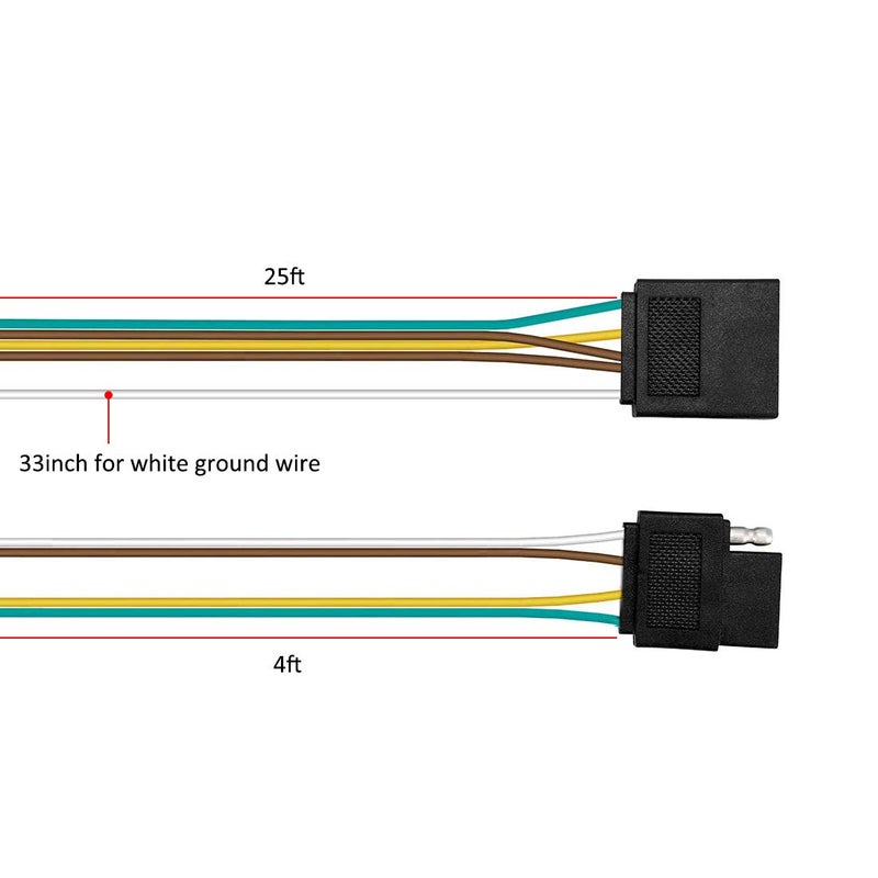 CZC AUTO Trailer Wiring Harness Kit 4-Way Wishbone Style Y Style 18AWG Pure Copper Core Color Coded Wire with Standard 4-pin Flat Plug Connector, 4' Female and 25' Male for 12V Trailer Boat - Image 4